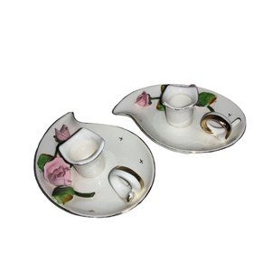 Lefton Christmas Candle stick holder Set of 2 Japan- Pink Rose Vintage